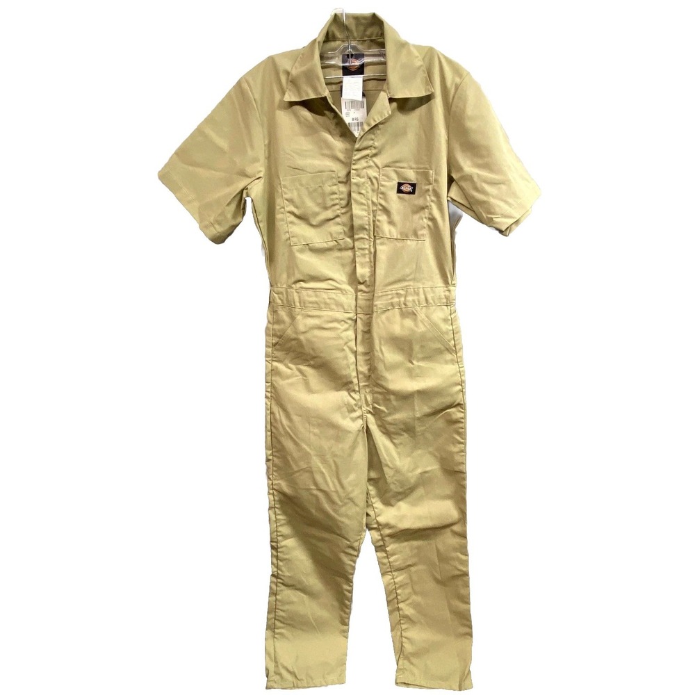 Dickies Coverall Mens Medium Beige Cotton Logo Short Sleeve Regular Fit Snap Up